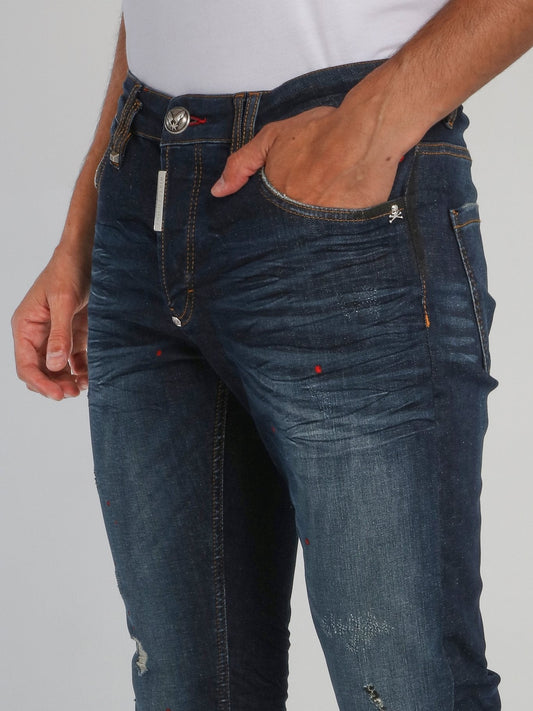 Rear Skull Distressed Straight Cut Jeans