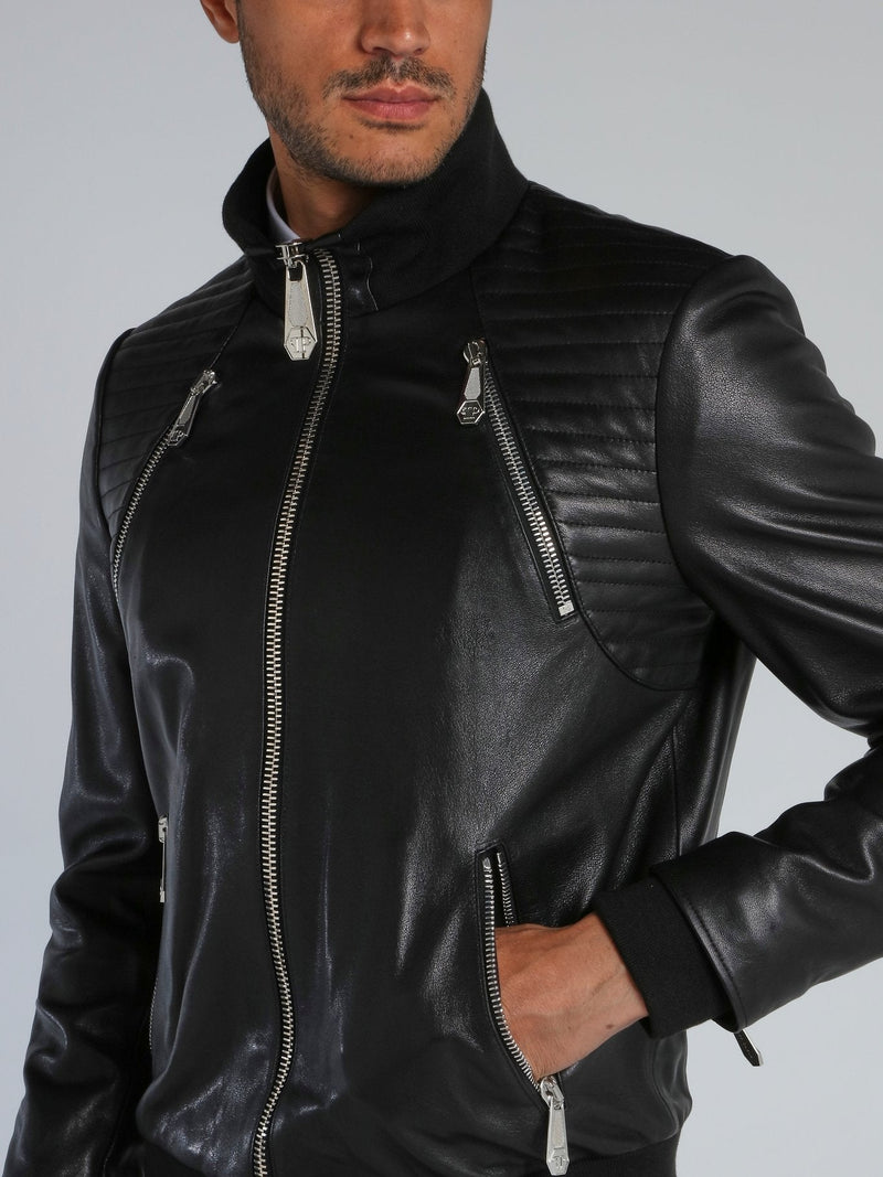 Black Quilt Panel Leather Jacket