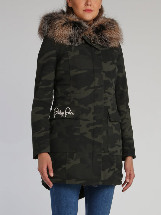 Detachable Fur Trim Camo Parka