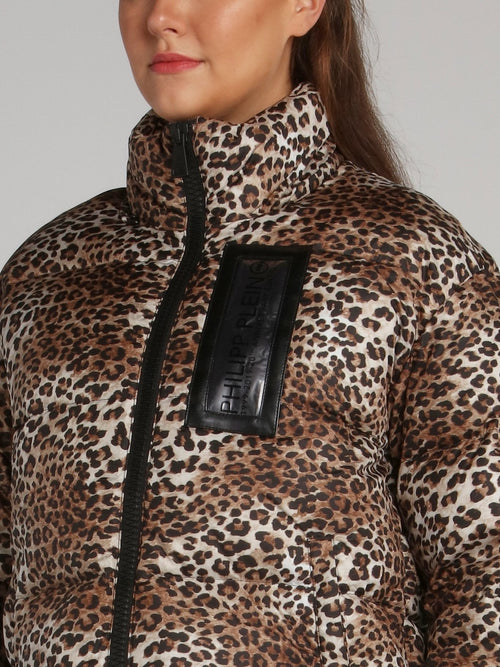 Leopard Print Fur Hood Puffer Jacket