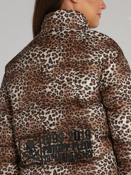 Leopard Print Fur Hood Puffer Jacket