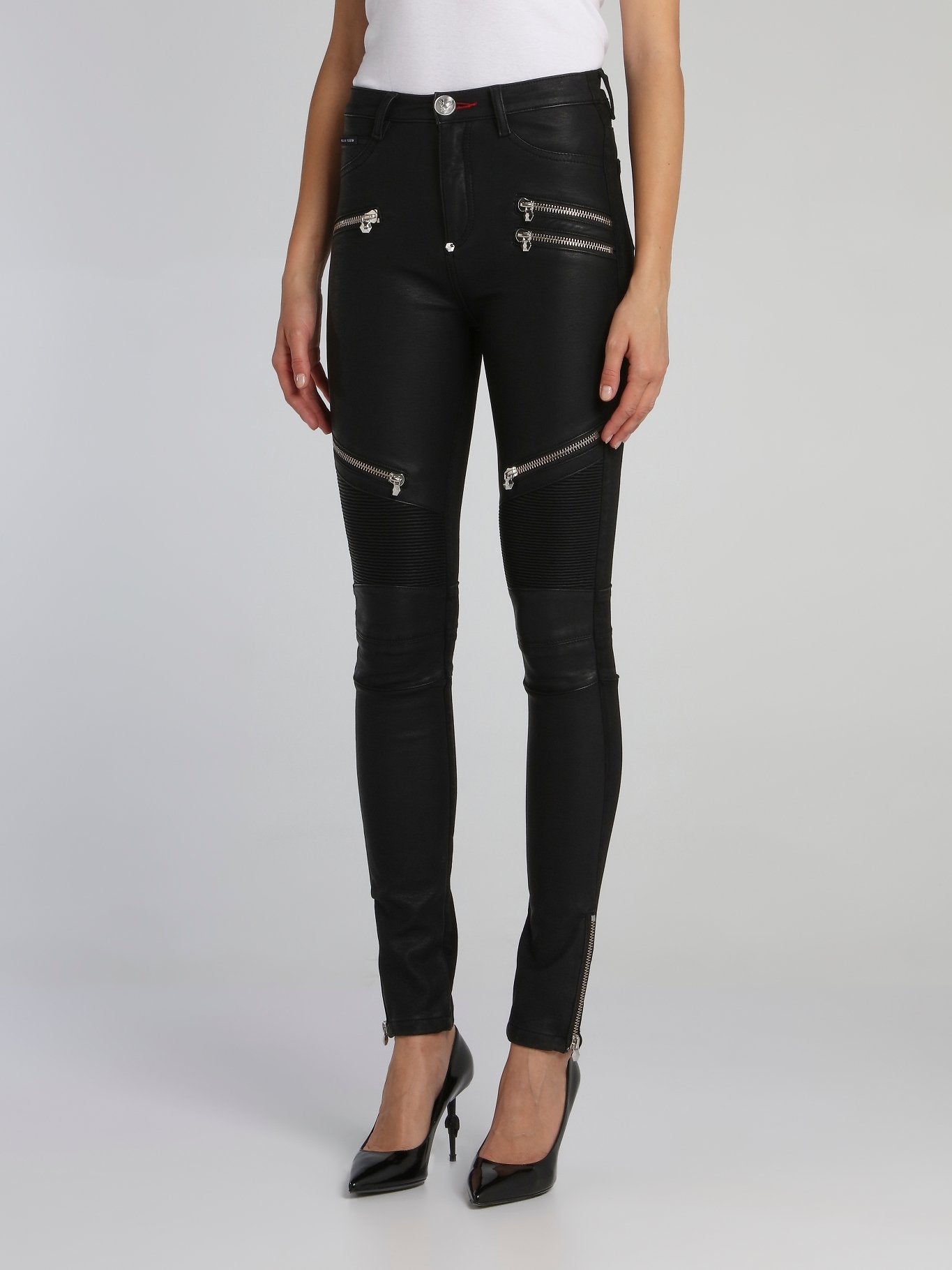 Black High Rise Leather Biker Pants