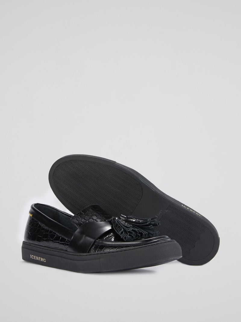 Black Crocodile Effect Tassel Loafers