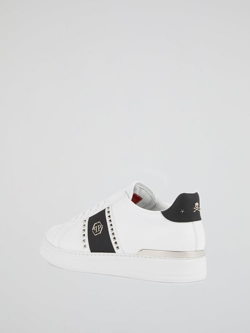 White Contrast Studded Leather Sneakers