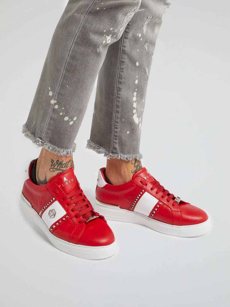 Red Colour Block Studded Sneakers