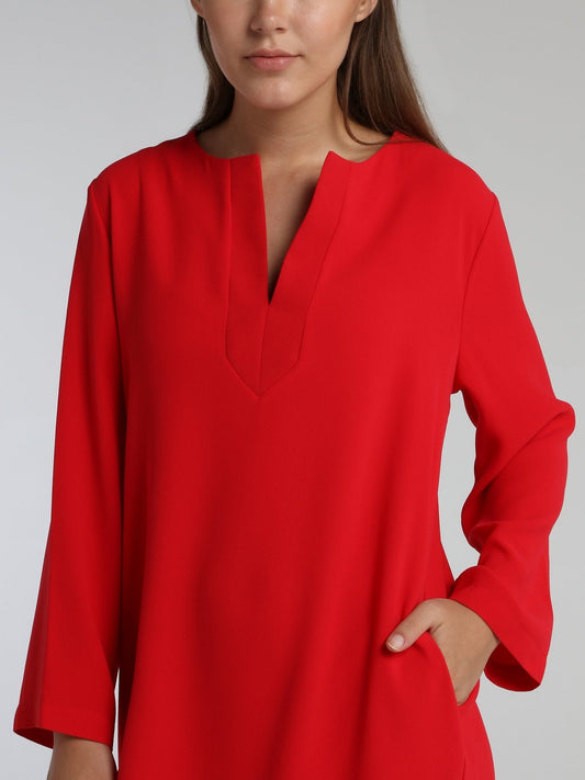 Line Red Long Sleeve Crepe Dress