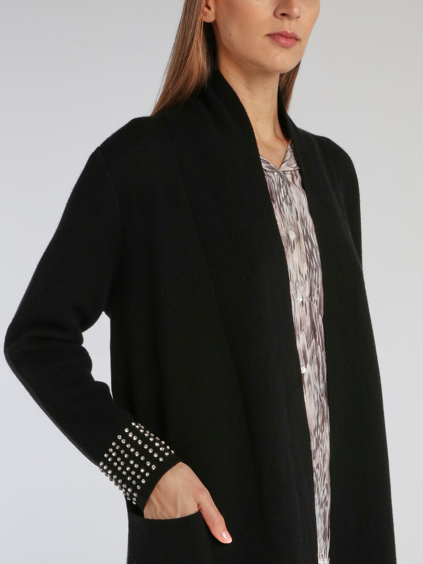 Black Crystal Studded Cuff Cardigan