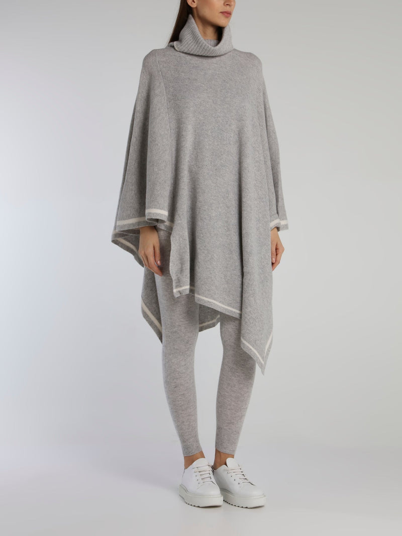 Grey Ribbed Cowl Neck Poncho