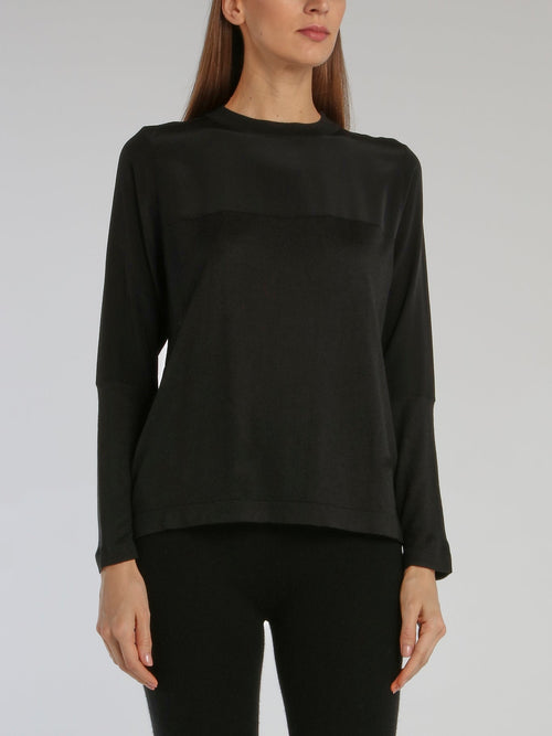 Black Knit Panel Crewneck Top