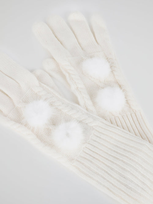 White Mink Fur Pom Pom Gloves