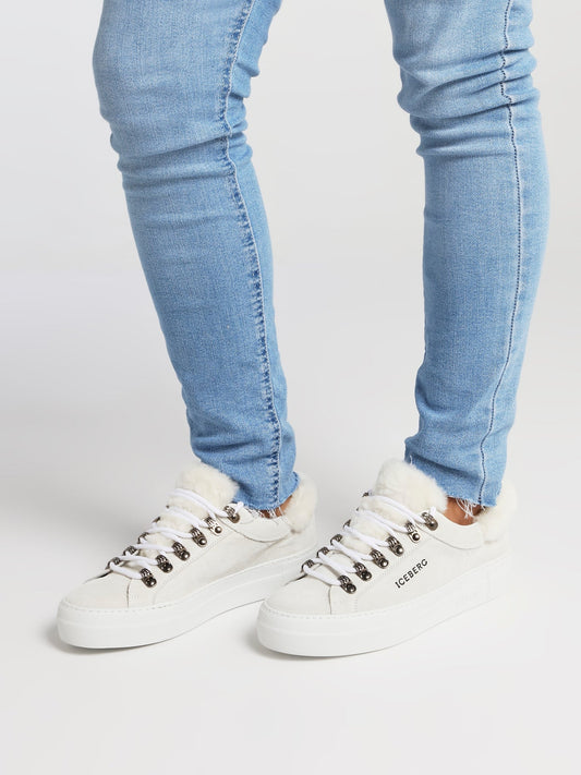 White Fur Trim Suede Trainers