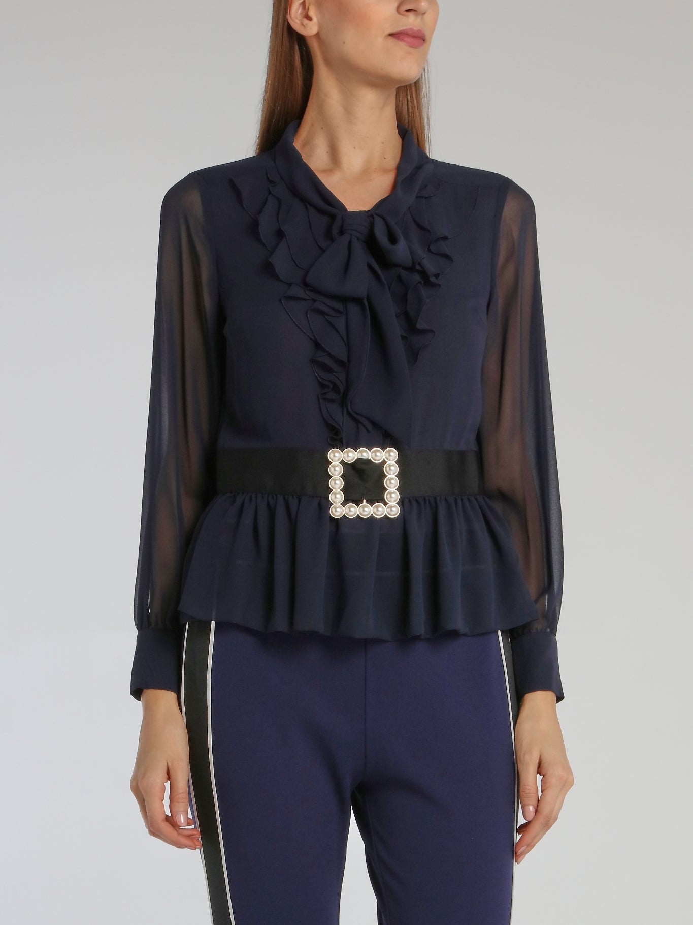 Navy Belted Ruffle Top