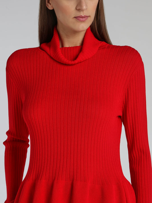 Red Cowl Neck Peplum Sweater Top