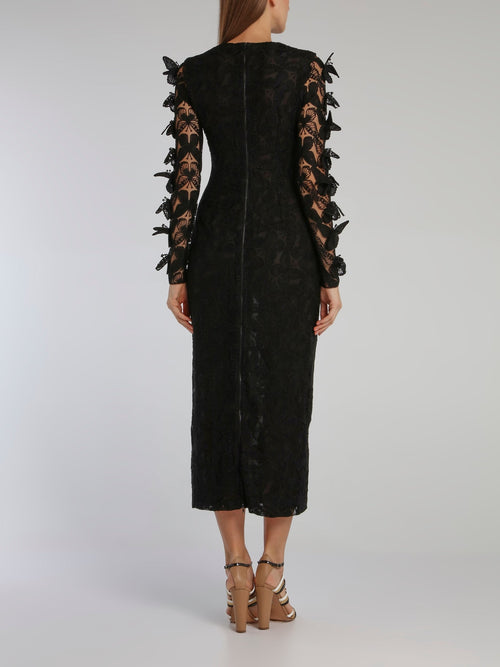 Black Butterfly Macrame Pencil Midi Dress