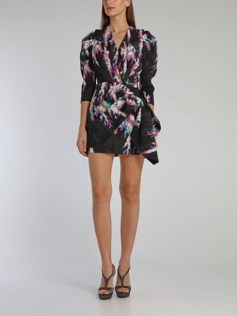 Printed Leg Of Mutton Sleeve Pleated Dress