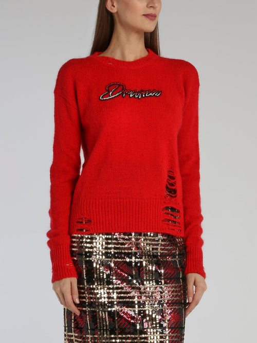 Red Distressed Embellished Sweater