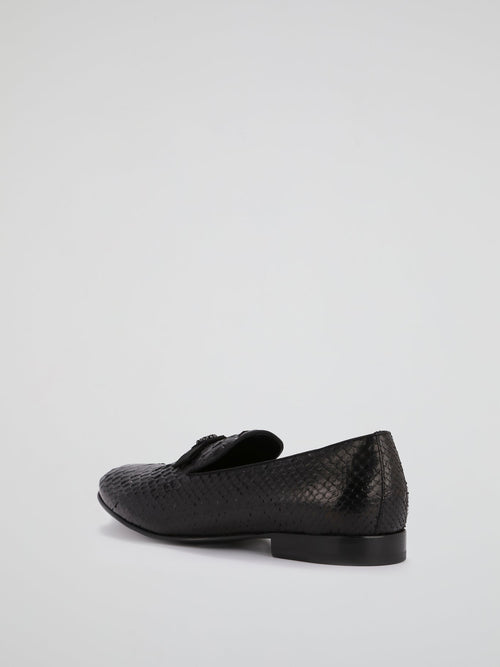 Black Reptilian Textured Loafers