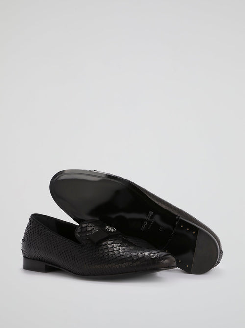 Black Reptilian Textured Loafers