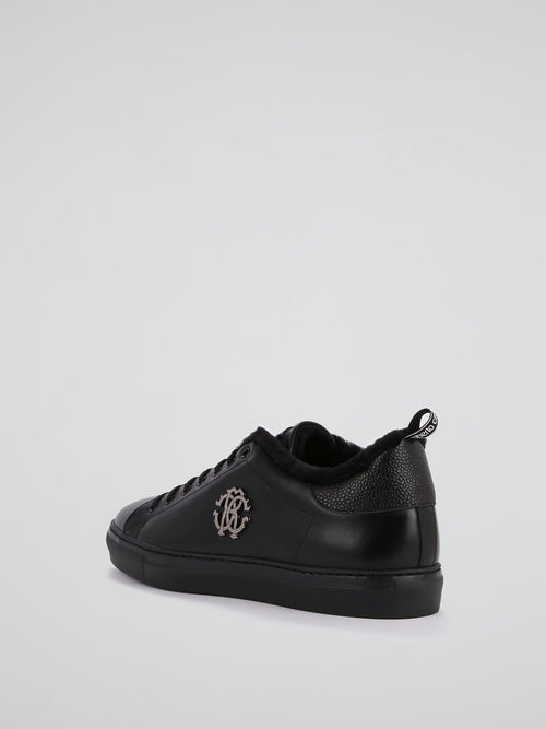 Black Fur Trim Leather Sneakers