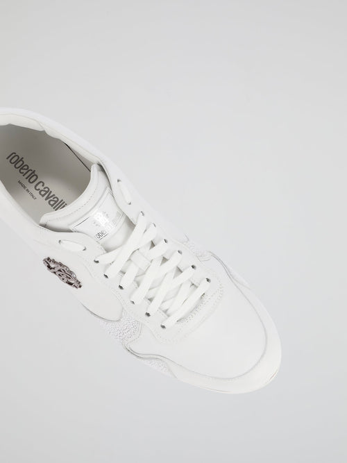 White Textured Panel Leather Sneakers