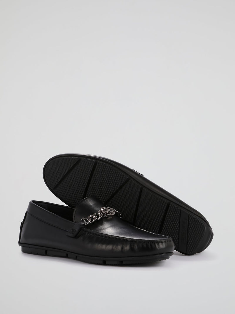 Black Chain Monogram Leather Loafers