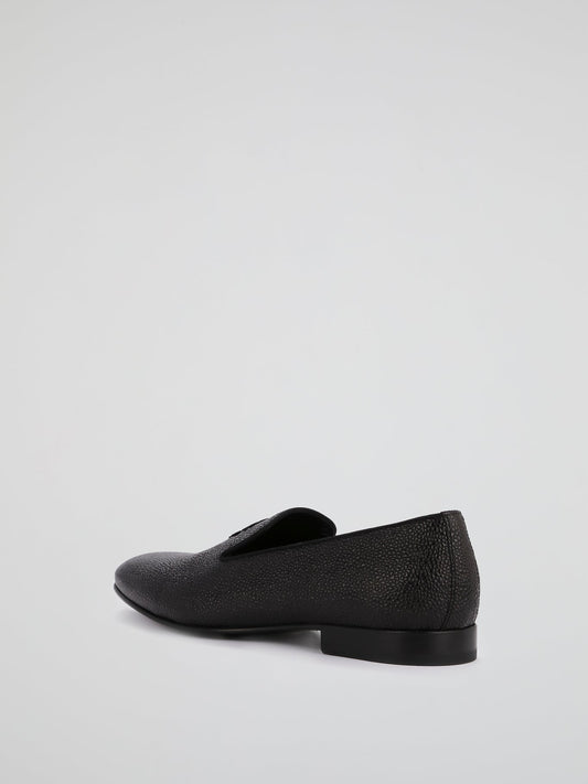 Black Cloqué Leather Loafers