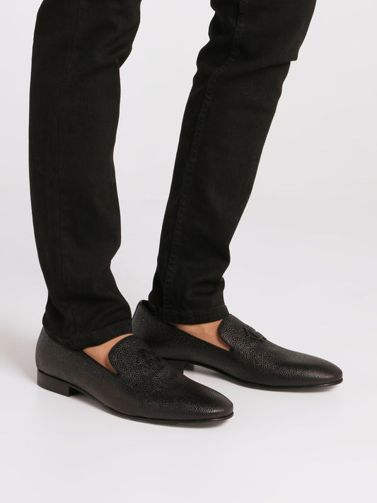 Black Cloqué Leather Loafers