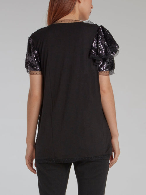 Black Tulle Trim Sequin Top