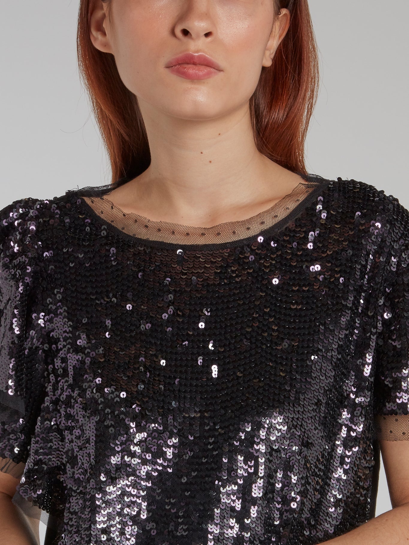 Black Tulle Trim Sequin Top