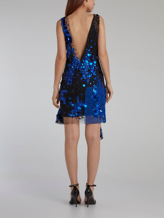 Blue Deep-V Paillette Tulle Dress