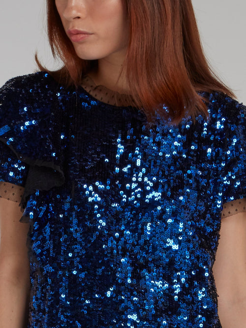 Blue Tulle Trim Sequin Dress