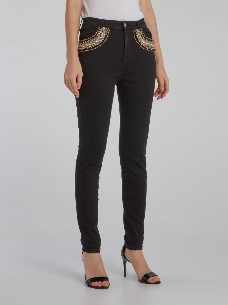 Black Embellished Pocket Skinny Jeans