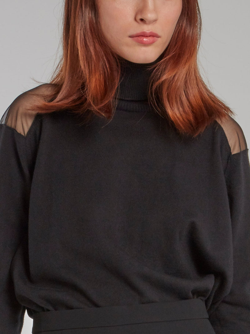 Black Mesh Shoulder Turtleneck Top