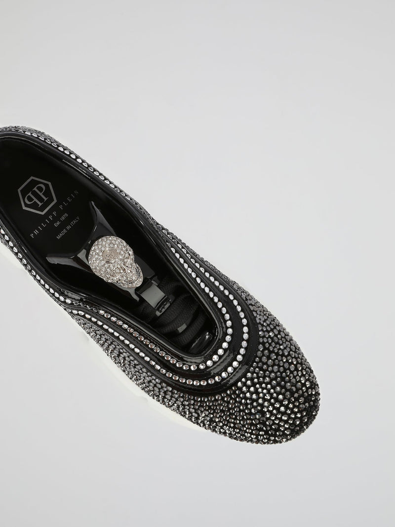 Black Crystal Skull Slip On Sneakers