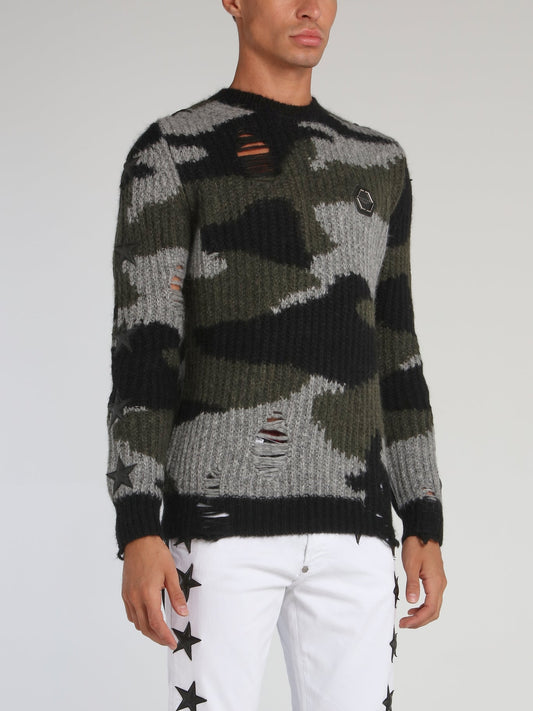 Camo Distressed Ribbed Pullover