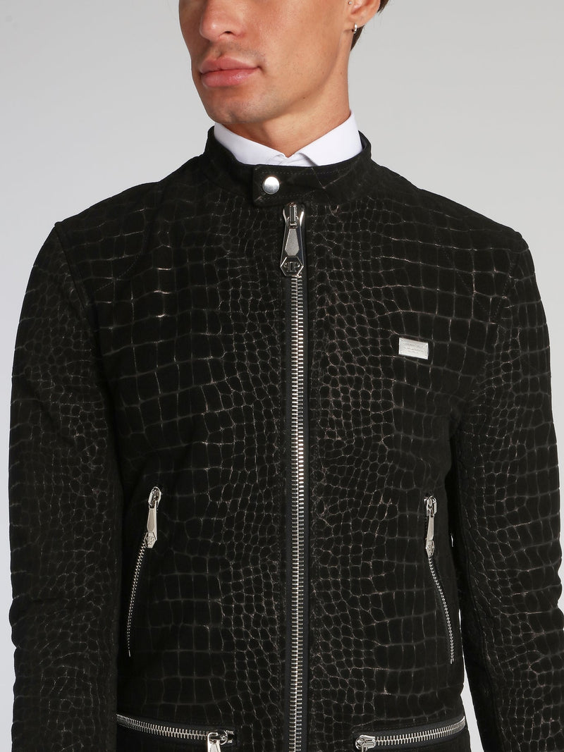 Black Reptilian Leather Moto Jacket