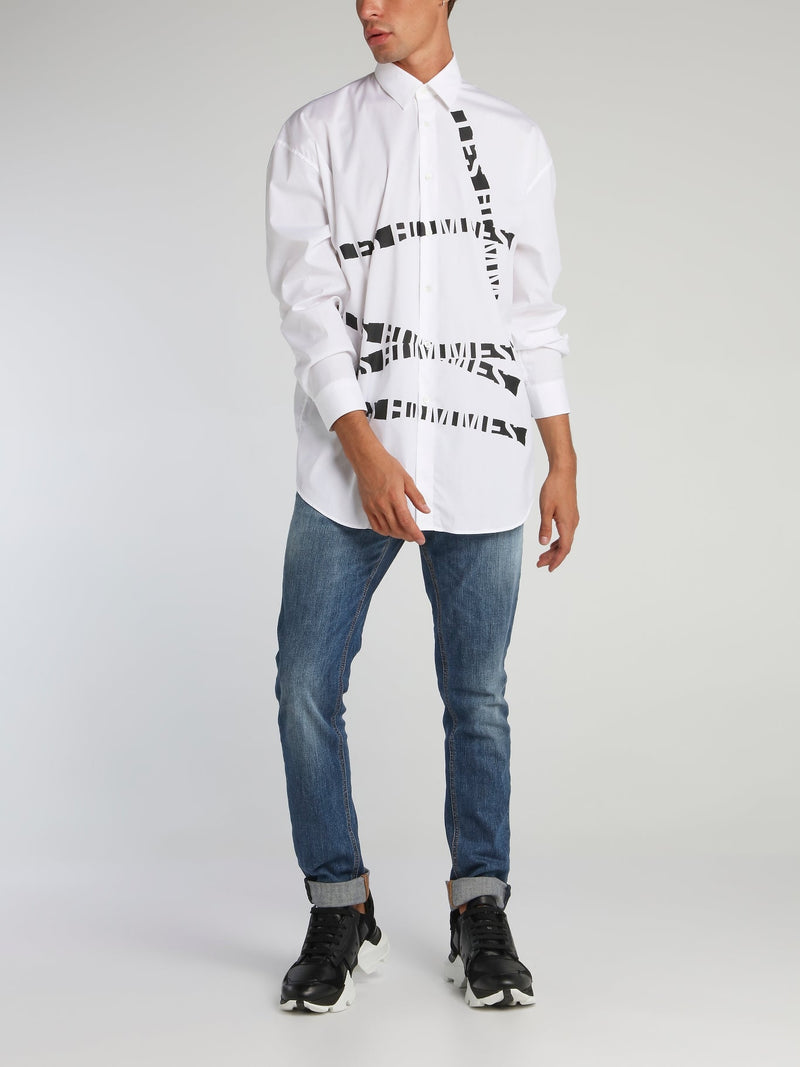 White Distressed Logo Tape Shirt