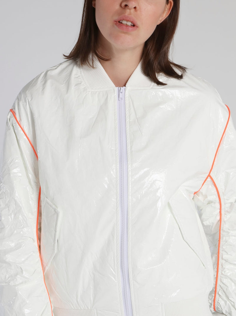 White Shirred Trim Bomber Jacket