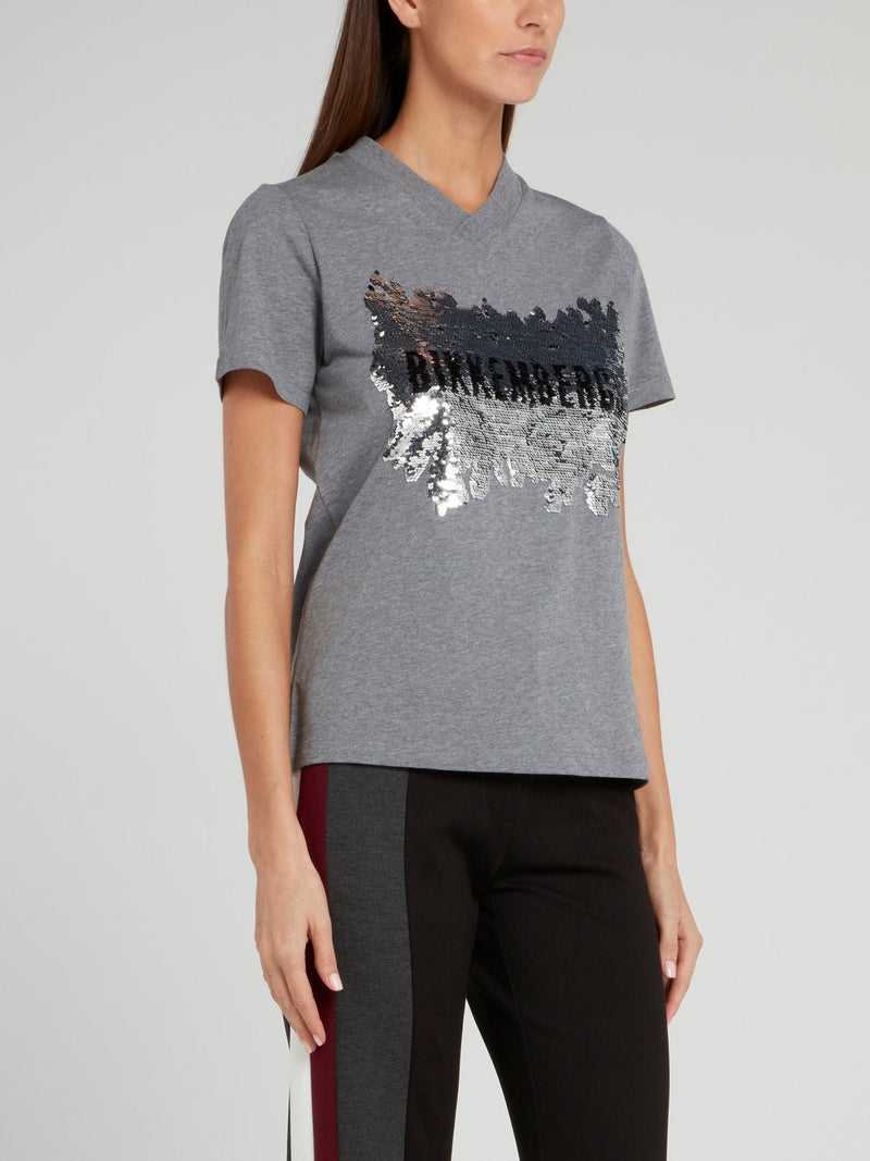 Grey Sequin Logo V-Neck T-Shirt