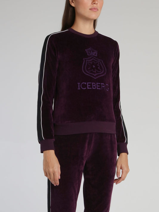 Purple Embroidered Logo Velvet Sweatshirt