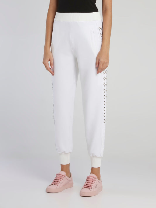 White Studded Waistband Track Pants