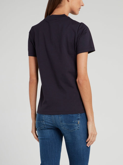 Navy Sequin Logo V-Neck T-Shirt