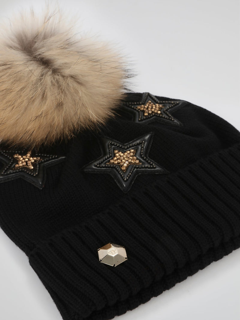 Black Studded Fold Over Pom Pom Beanie