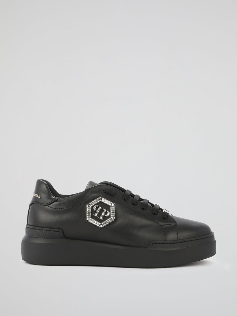 Black Crystal Monogram Leather Sneakers