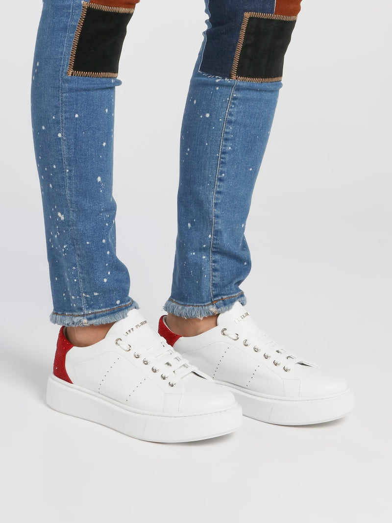 White Studded Heel Perforated Sneakers