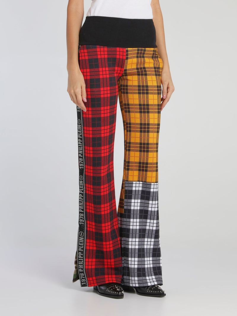 Colour Block Tartan Bootcut Trousers