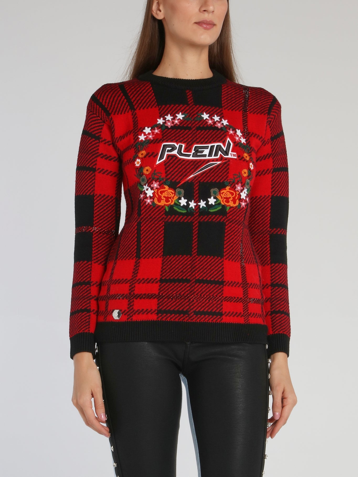 Red Embroidered Tartan Pullover