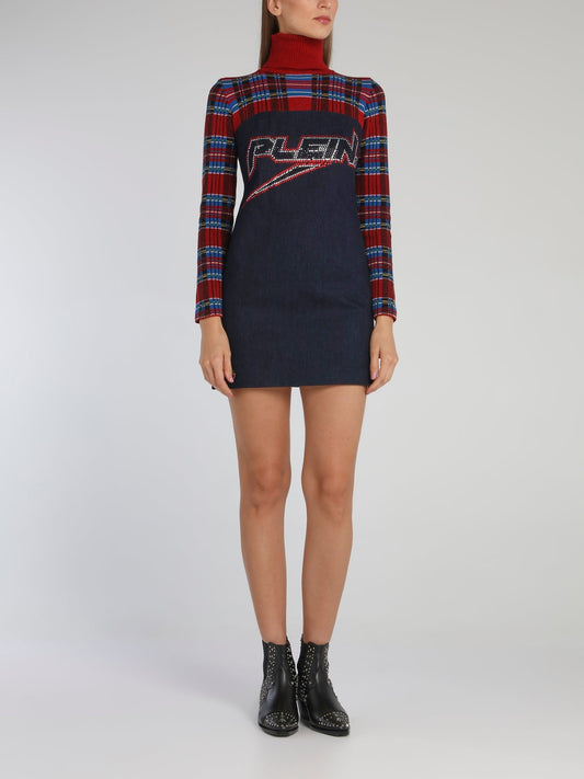 Strass Logo Tartan Mini Dress