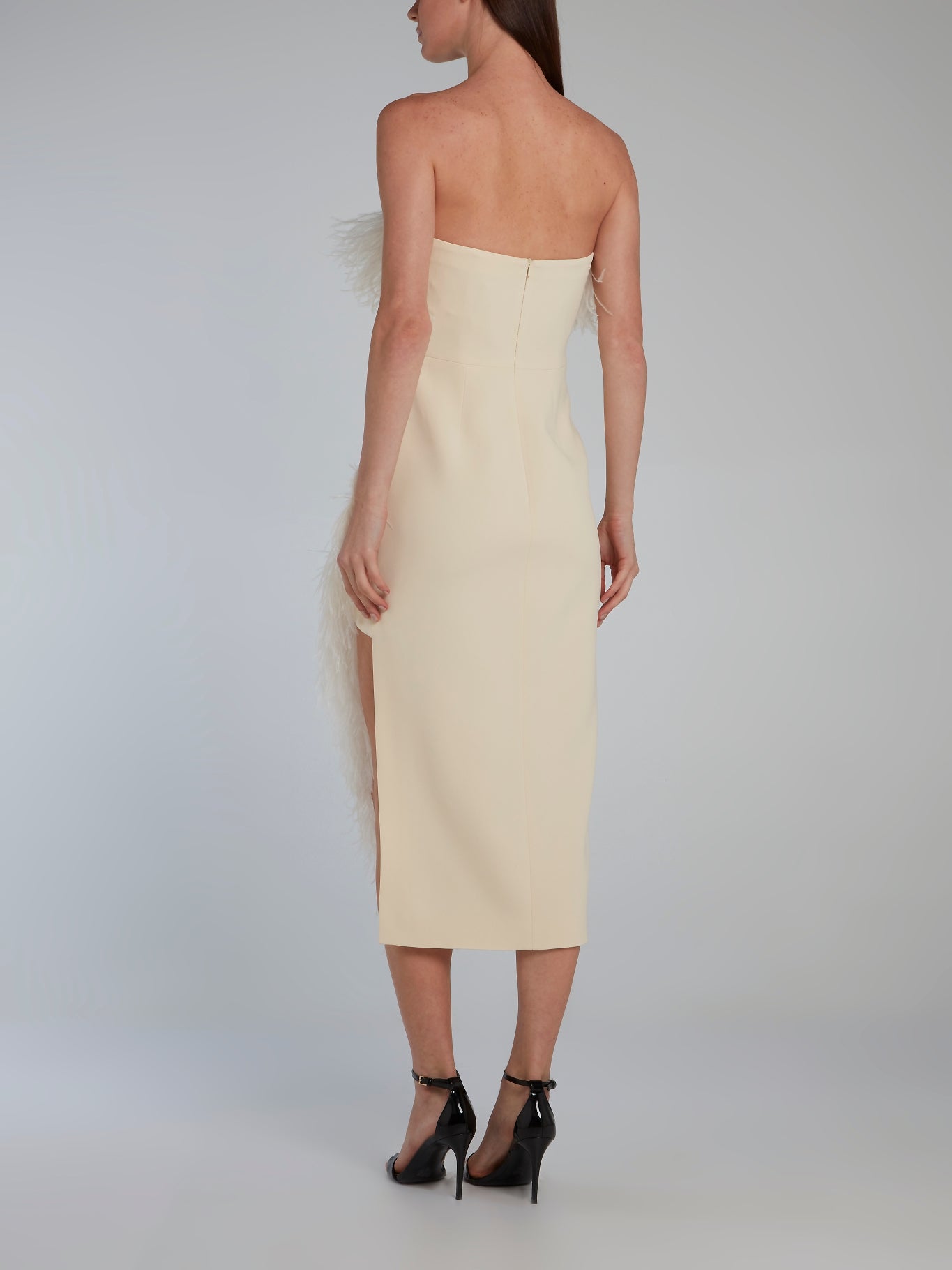 Feather Trim Asymmetrical Hem Strapless Midi Dress