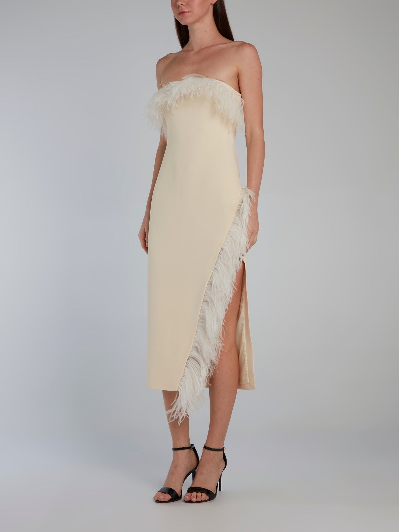 Feather Trim Asymmetrical Hem Strapless Midi Dress